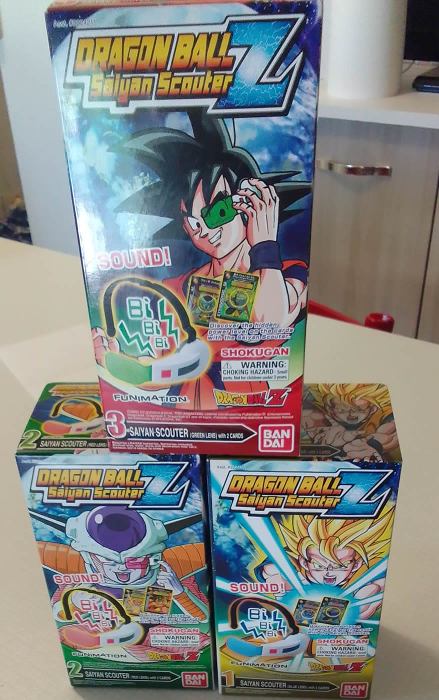 Tre Saiyan Scouter green, red e blu lens with 2 cards Bandai